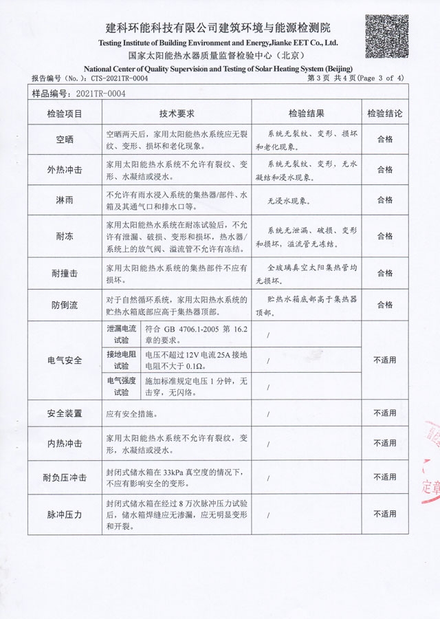 真空管型太陽能熱水器檢驗報告